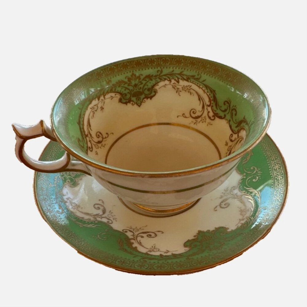 Crescent Fine Bone China Tea Set Cup & Saucer 26362 Green Ornate England Vtg